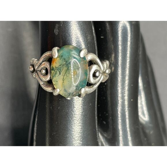 Vintage 925 Sterling Silver Moss Agate Gemstone Ornate Jewelry Ring Sz 6 6.45g - Picture 1 of 12